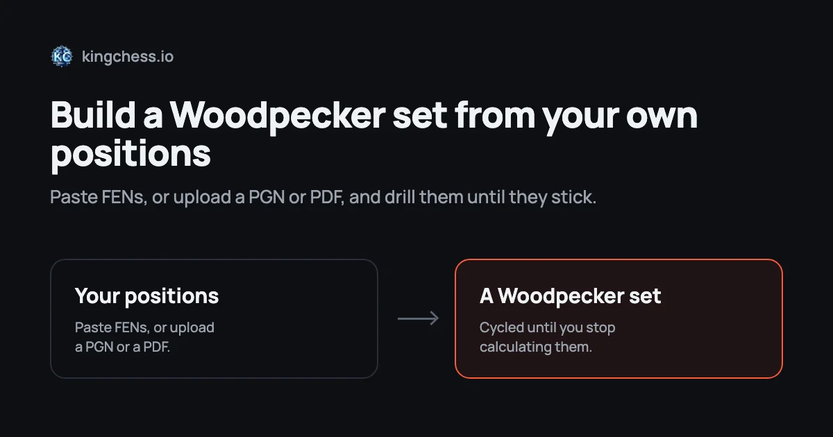 Two boxes joined by an arrow: your own positions, pasted as FENs or uploaded as a PGN or PDF, becoming a Woodpecker set